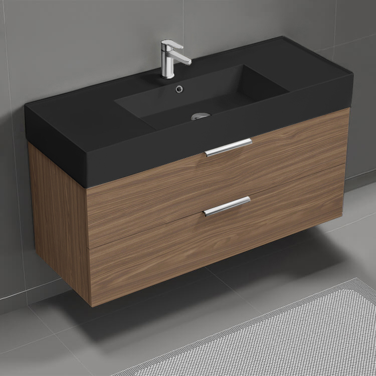 Nameeks DERIN630 48 Inch Bathroom Vanity With Black Sink, Floating, Walnut